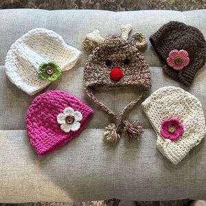 Handmade Crochet Kids Beanie Set - Pink, White, Brown